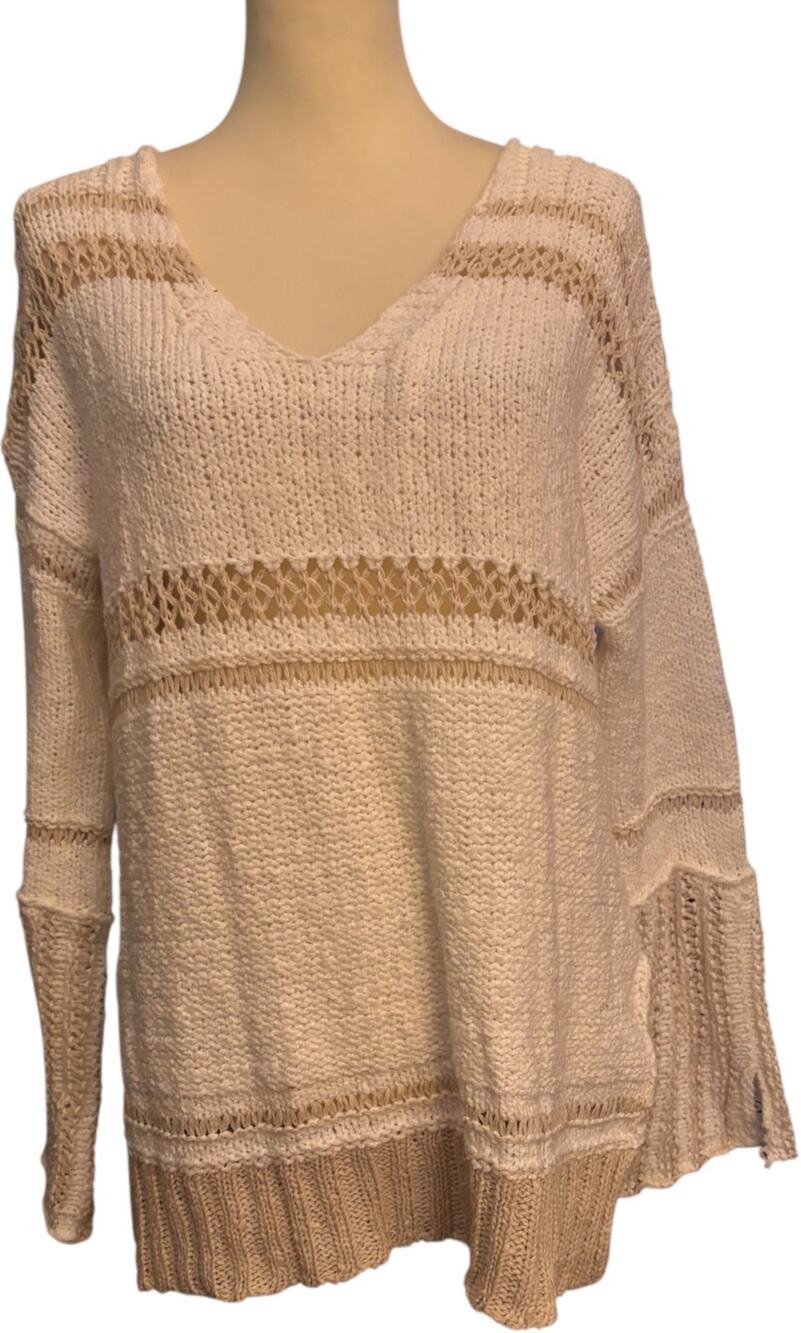 Elan Boho Oversized V-Neck Open Knit Sweater, Cream & Tan, Women's Medium